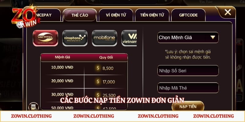 Các bước nạp tiền Zowin đơn giản