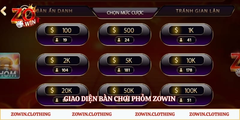 Giao diện bàn chơi phỏm Zowin
