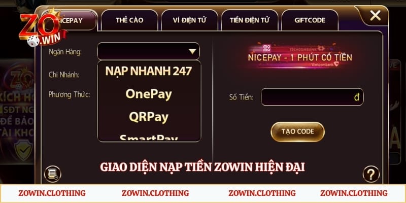 Giao diện nạp tiền Zowin hiện đại